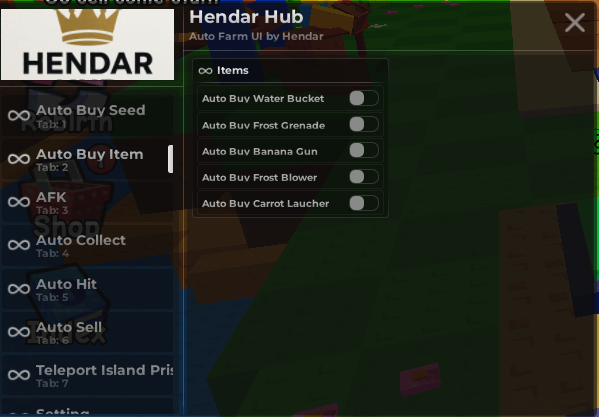 Hendar Hub Script | Auto hit, Auto Buy Items, Auto Collect