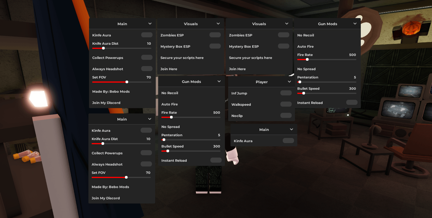 Bebo Mods Hub Script | Kinfe Aura, Auto Fire, Bullet Speed