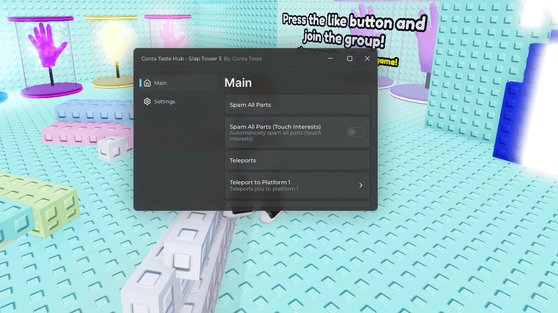 Conta Teste Hub Script | Spam All Part, Get All Slaps, Teleport to end