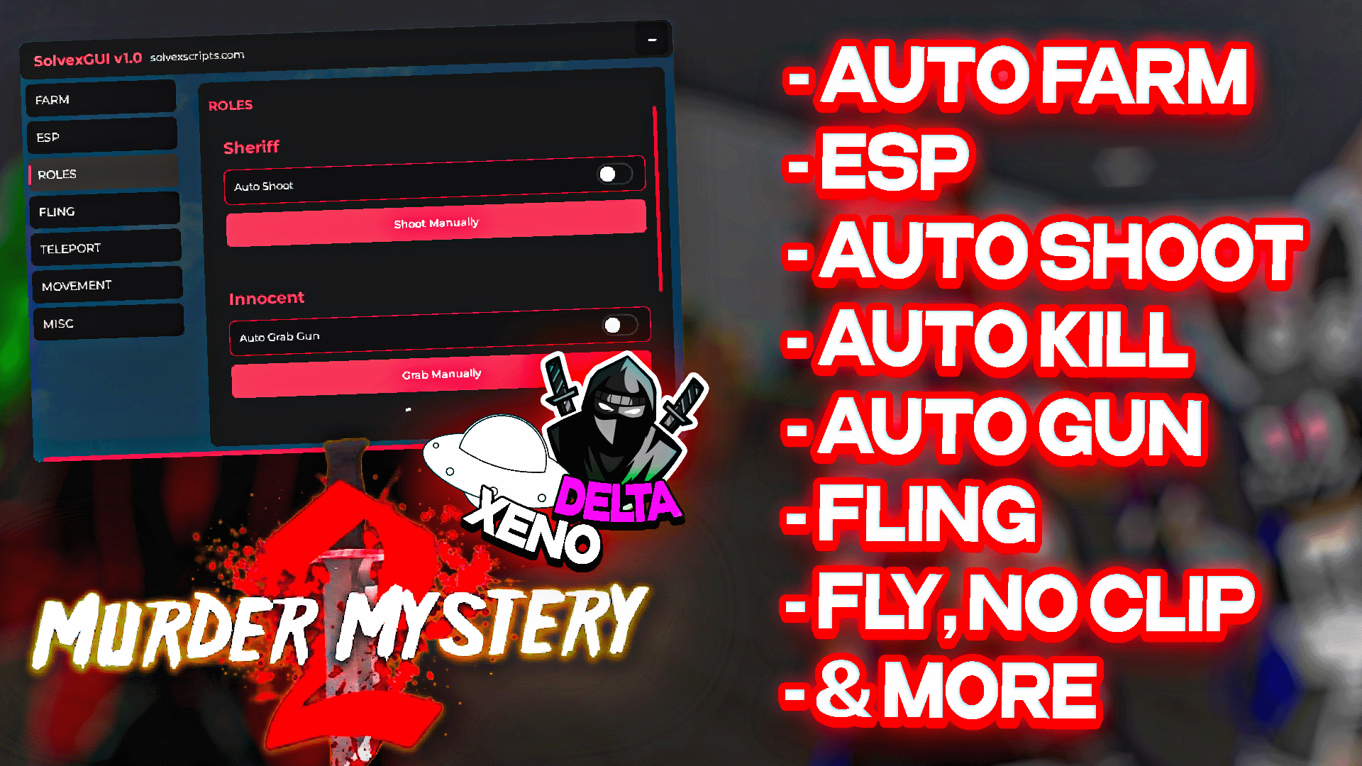 Auto Farm, ESP, Kill ALL, Fling, Auto Shoot, Fly, Noclip | Solvex GUI Murder Mystery 2