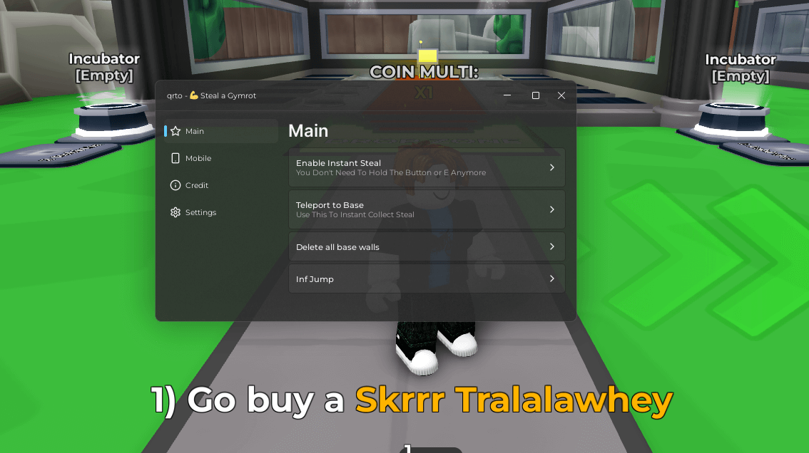 Steal A Gymrot Script | Main, Enable Instant Steal, Teleport To Base
