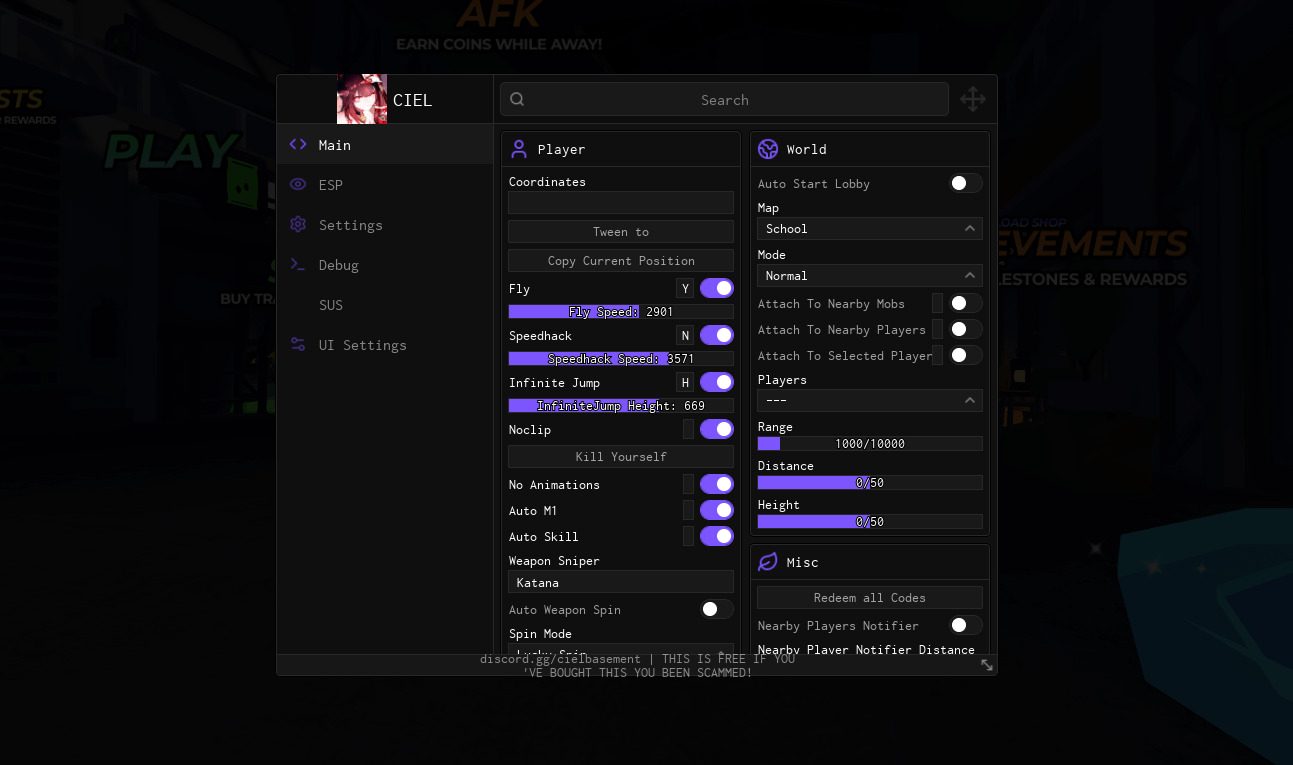 CIEL Hub Script | Coordinates, Infinite Jump, Auto Skill