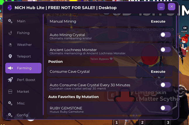 Nich Hub Lite Fish It Script keyless - Auto mining crystals