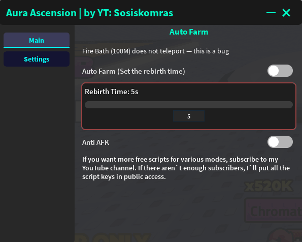 Auto farm, Rebirth Time Set, Anti AFK