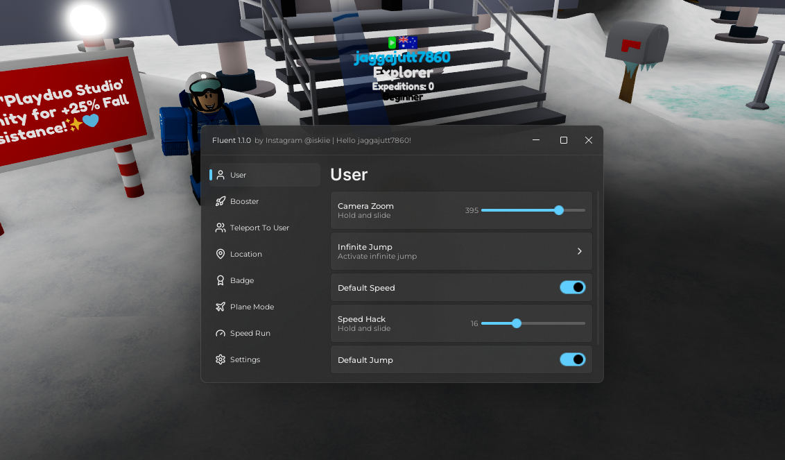 Fluent 1.1.0 Hub Script (Keyless)- Activate infinite jump, Speed Hack