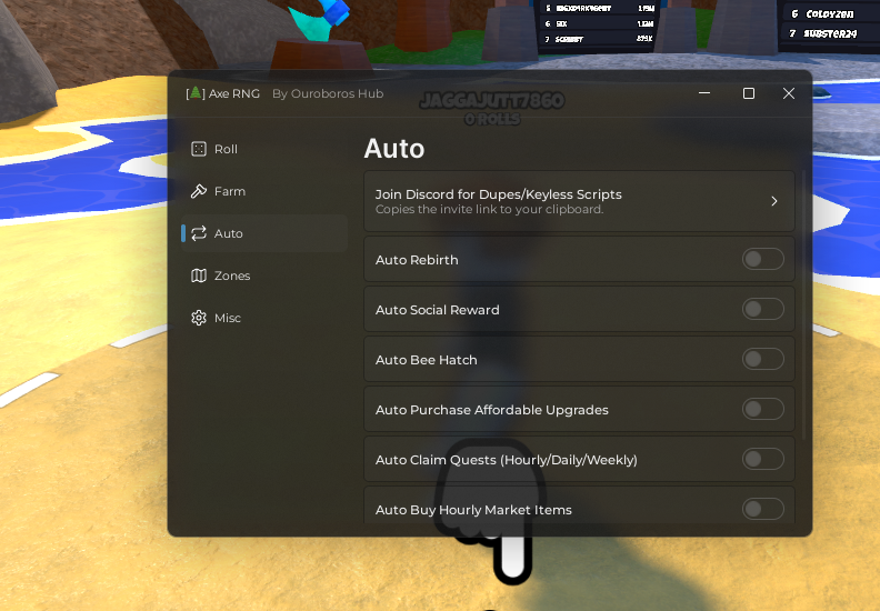 Ouroboros Hub Axe RNG script (KeyLess) - Auto Rebirth, Auto Bee Hatch