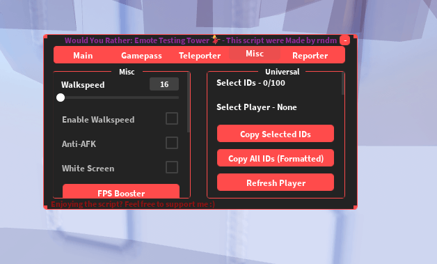 Would You Rather: Emote Testing Tower Script By Rndm