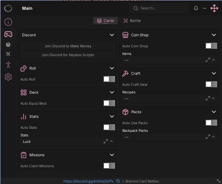 Brainrot Card Battles script keyless | auto roll, auto equip best,