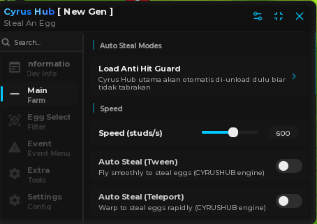 Cyrus Hub Steal An Egg script keyless | auto steal tween
