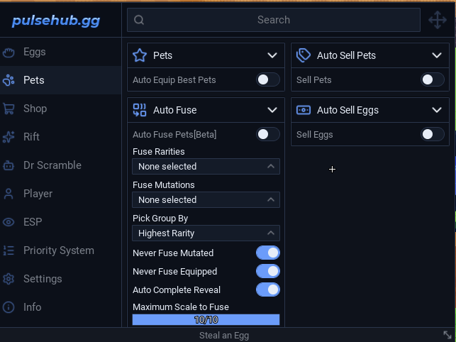 Pulse Hub Steal An Egg script keyless | auto equip best pets