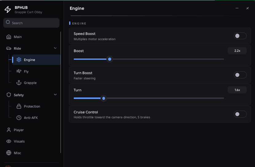 BPHub Grapple Cart Obby script keyless | speed boost, turn boost